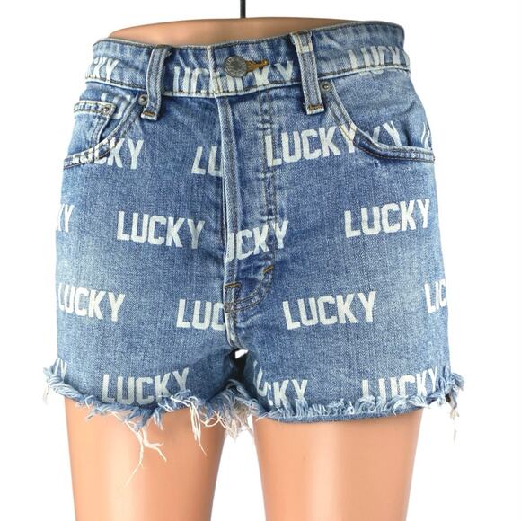 Lucky Brand Women's Blue Logo Print Cut-Off High Rise Denim Jean Shorts Size 26 - Picture 1 of 6